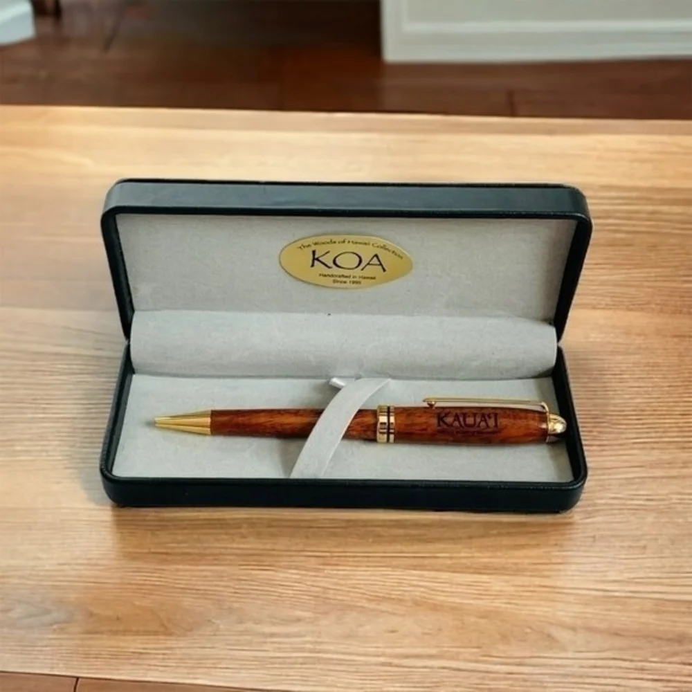 NIB Koa Wood Euro Style Pen Handcrafted Hawaiian Gold Trim Gift Box 6
